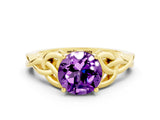 Yellow gold Round Cut Amethyst Solitaire Celtic Knot Ring with Four-Prong Setting_12