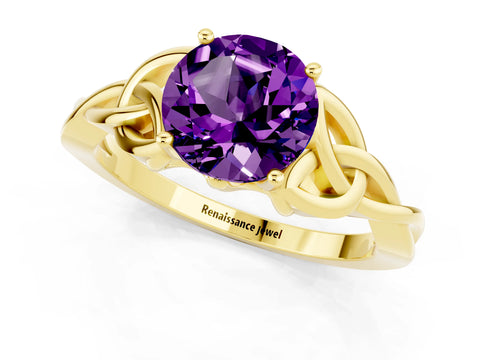 Yellow gold Round Cut Amethyst Solitaire Celtic Knot Ring with Four-Prong Setting_13