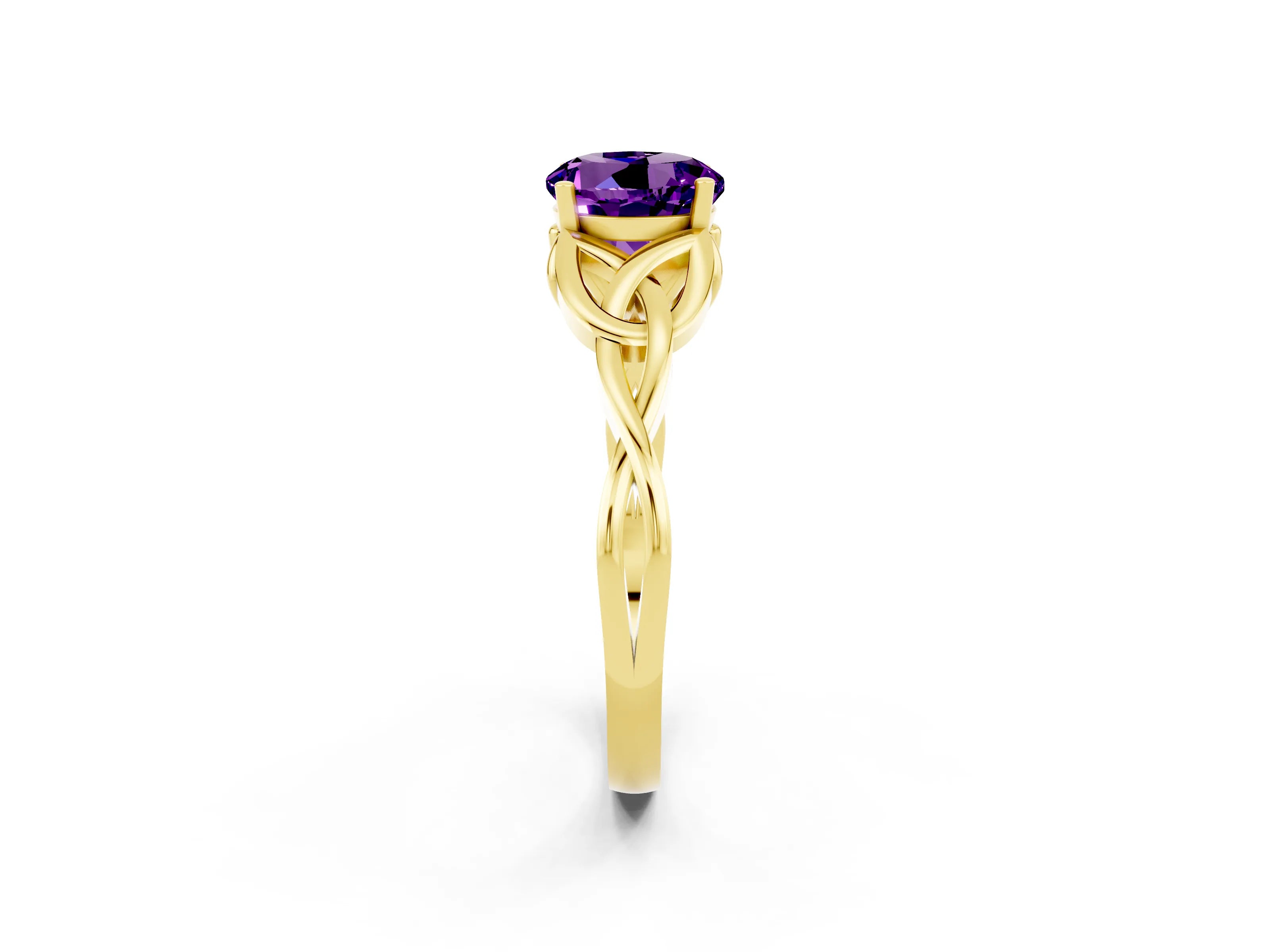 Yellow gold Round Cut Amethyst Solitaire Celtic Knot Ring with Four-Prong Setting_14