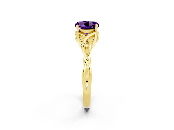 Yellow gold Round Cut Amethyst Solitaire Celtic Knot Ring with Four-Prong Setting