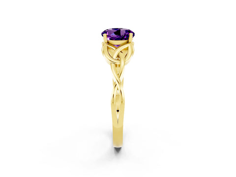 Yellow gold Round Cut Amethyst Solitaire Celtic Knot Ring with Four-Prong Setting_14