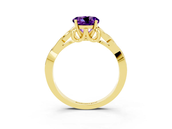 Yellow gold Round Cut Amethyst Solitaire Celtic Knot Ring with Four-Prong Setting