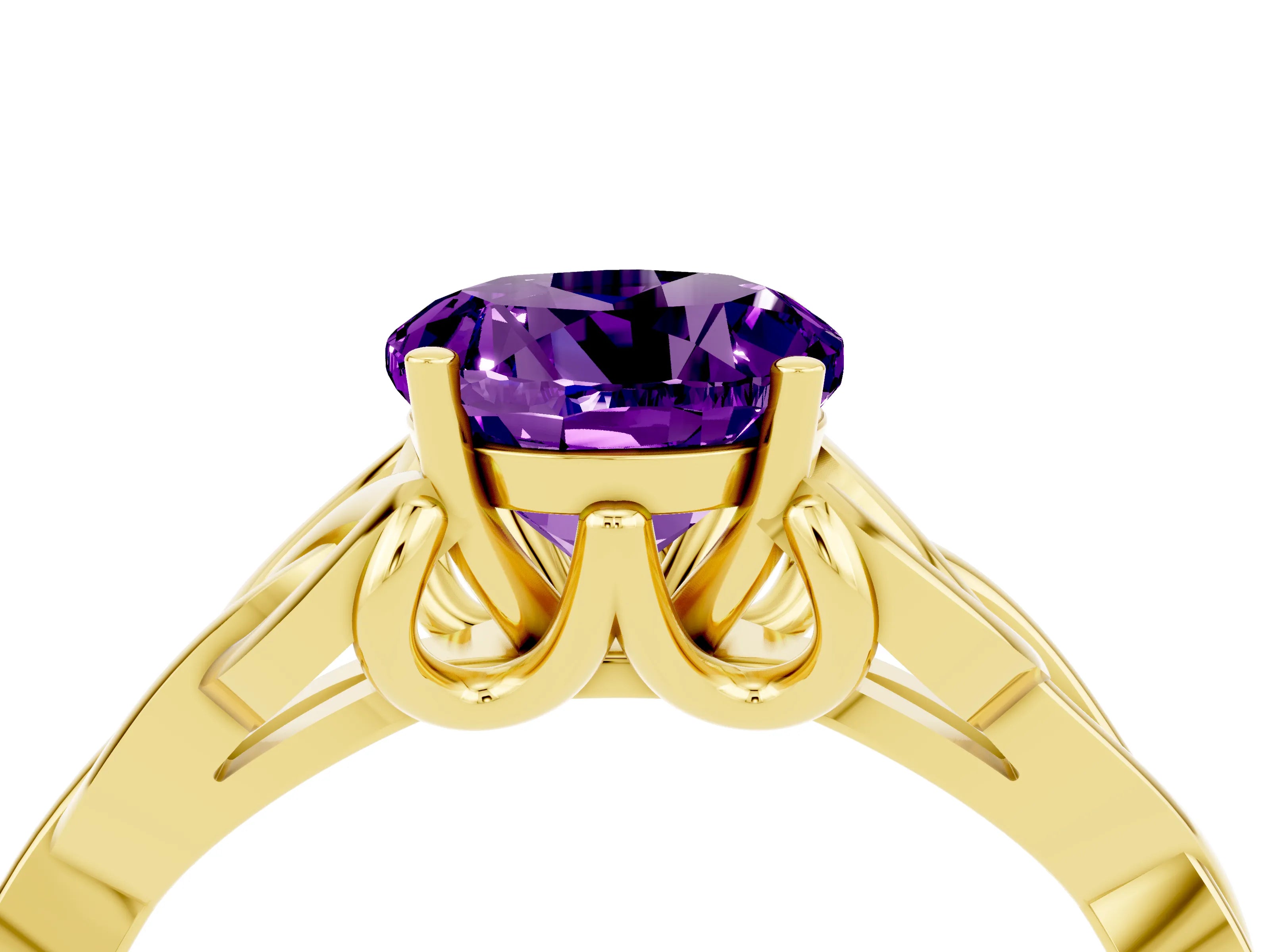 Yellow gold Round Cut Amethyst Solitaire Celtic Knot Ring with Four-Prong Setting_16