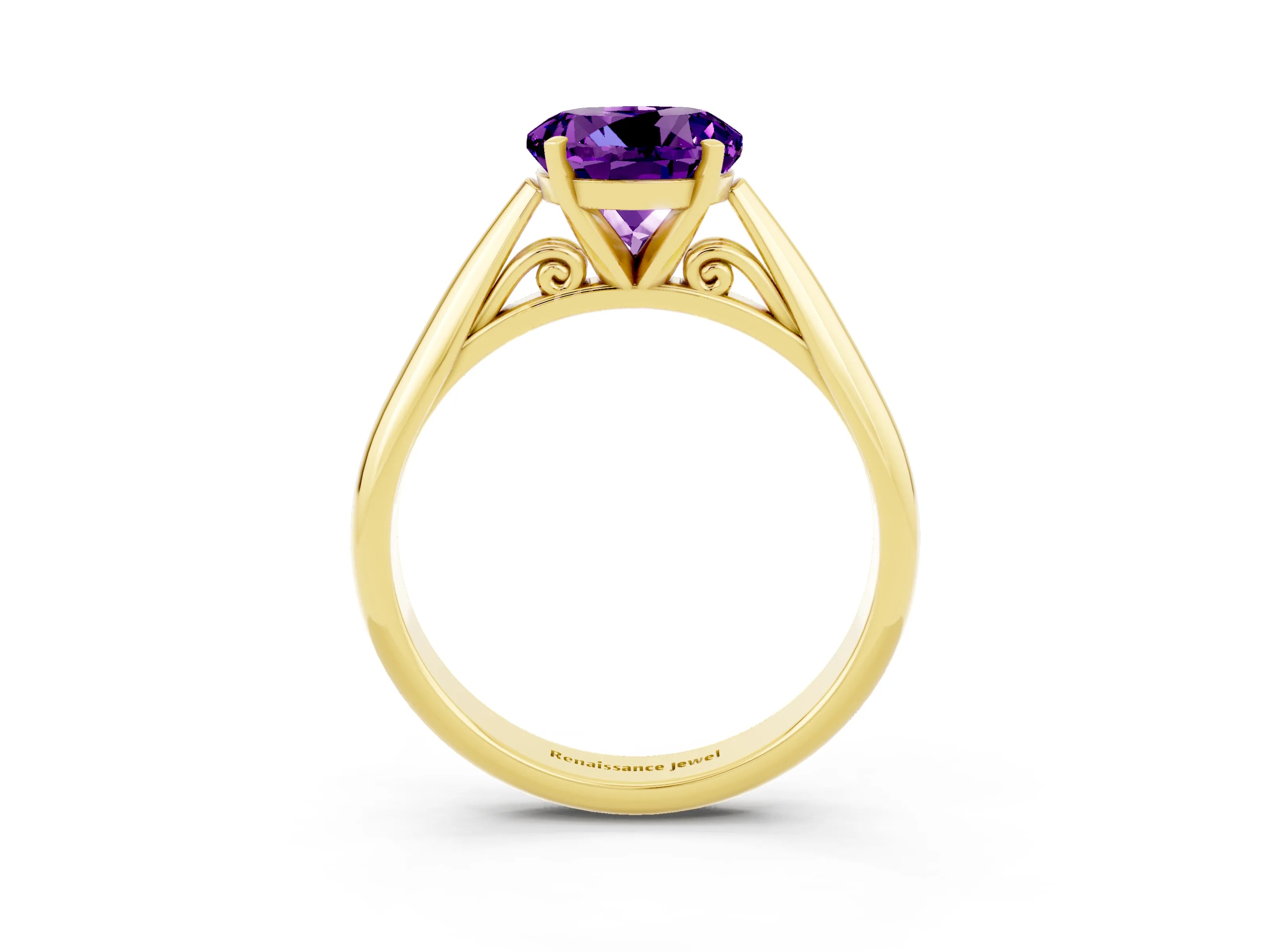 Yellow gold Round Cut Amethyst Solitaire Engagement Ring with Cathedral Setting and Four-Prong Mount_15