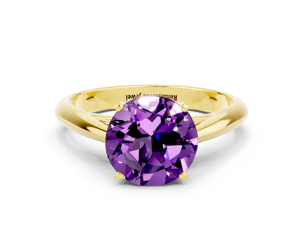 Yellow gold Round Cut Amethyst Solitaire Engagement Ring with Cathedral Setting and Four-Prong Mount