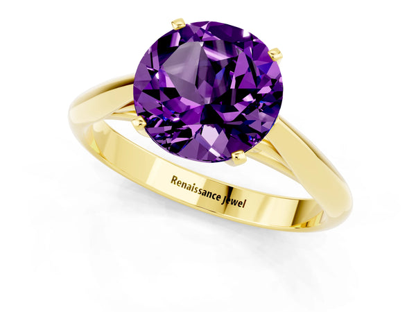Yellow gold Round Cut Amethyst Solitaire Engagement Ring with Cathedral Setting and Four-Prong Mount