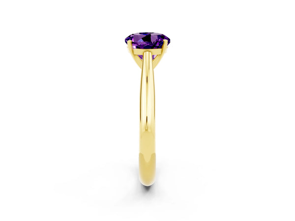 Yellow gold Round Cut Amethyst Solitaire Engagement Ring with Cathedral Setting and Four-Prong Mount