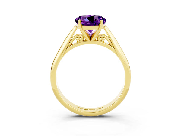 Yellow gold Round Cut Amethyst Solitaire Engagement Ring with Cathedral Setting and Four-Prong Mount