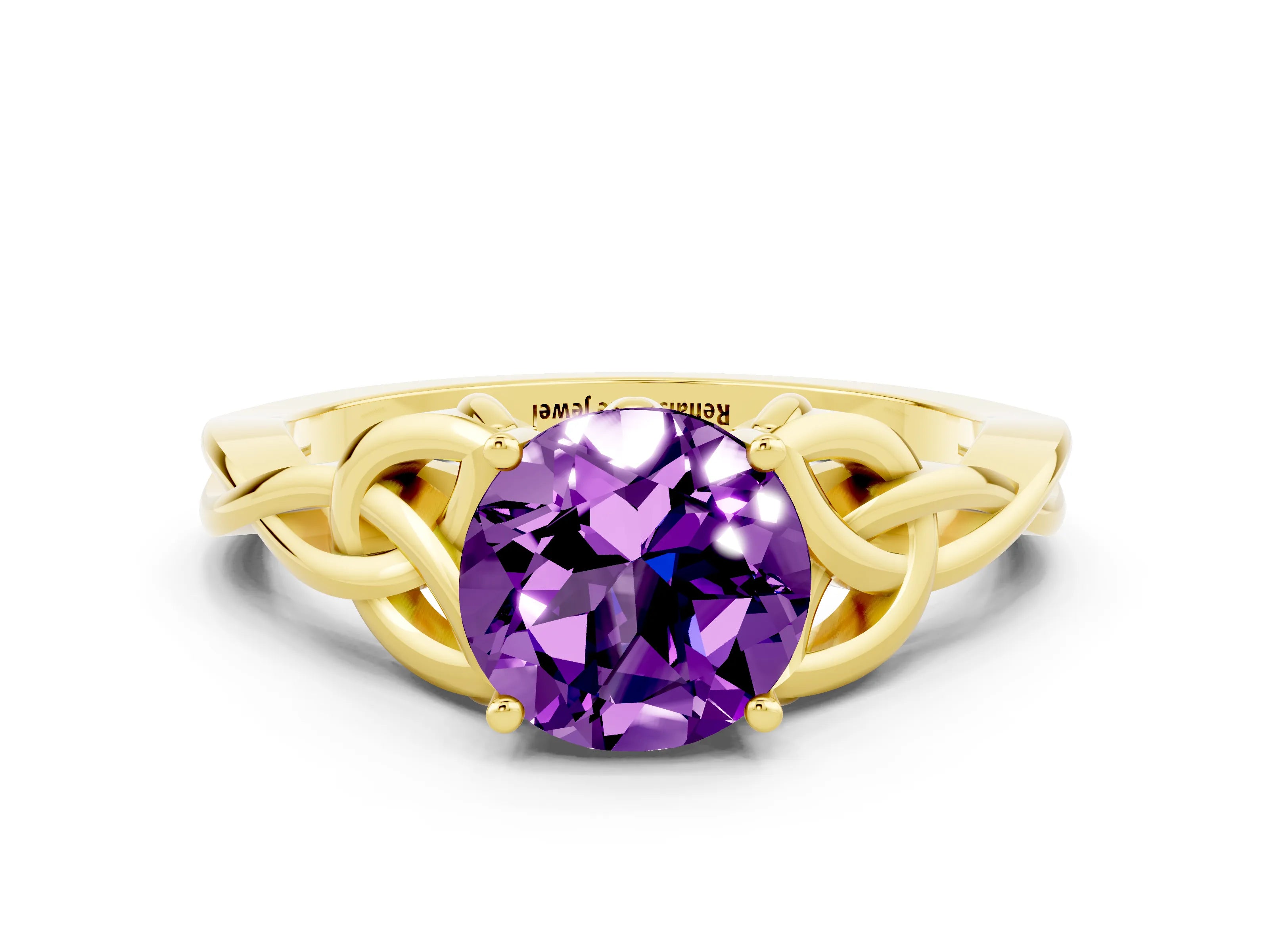 Yellow gold Round Cut Amethyst Solitaire Engagement Ring with Celtic Knot Band and Four-Prong Setting