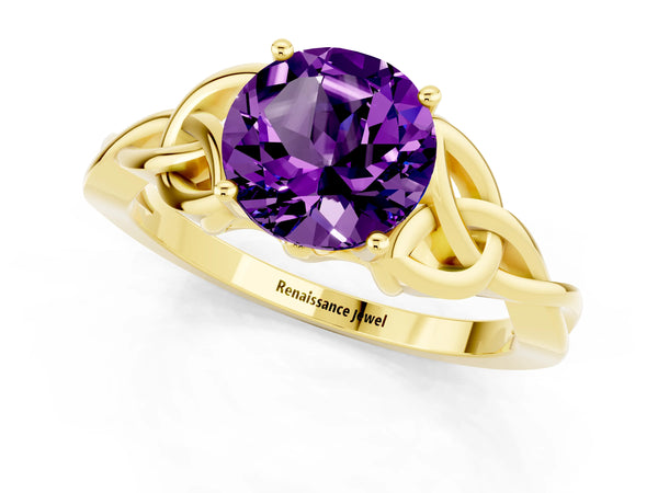 Yellow gold Round Cut Amethyst Solitaire Engagement Ring with Celtic Knot Band and Four-Prong Setting