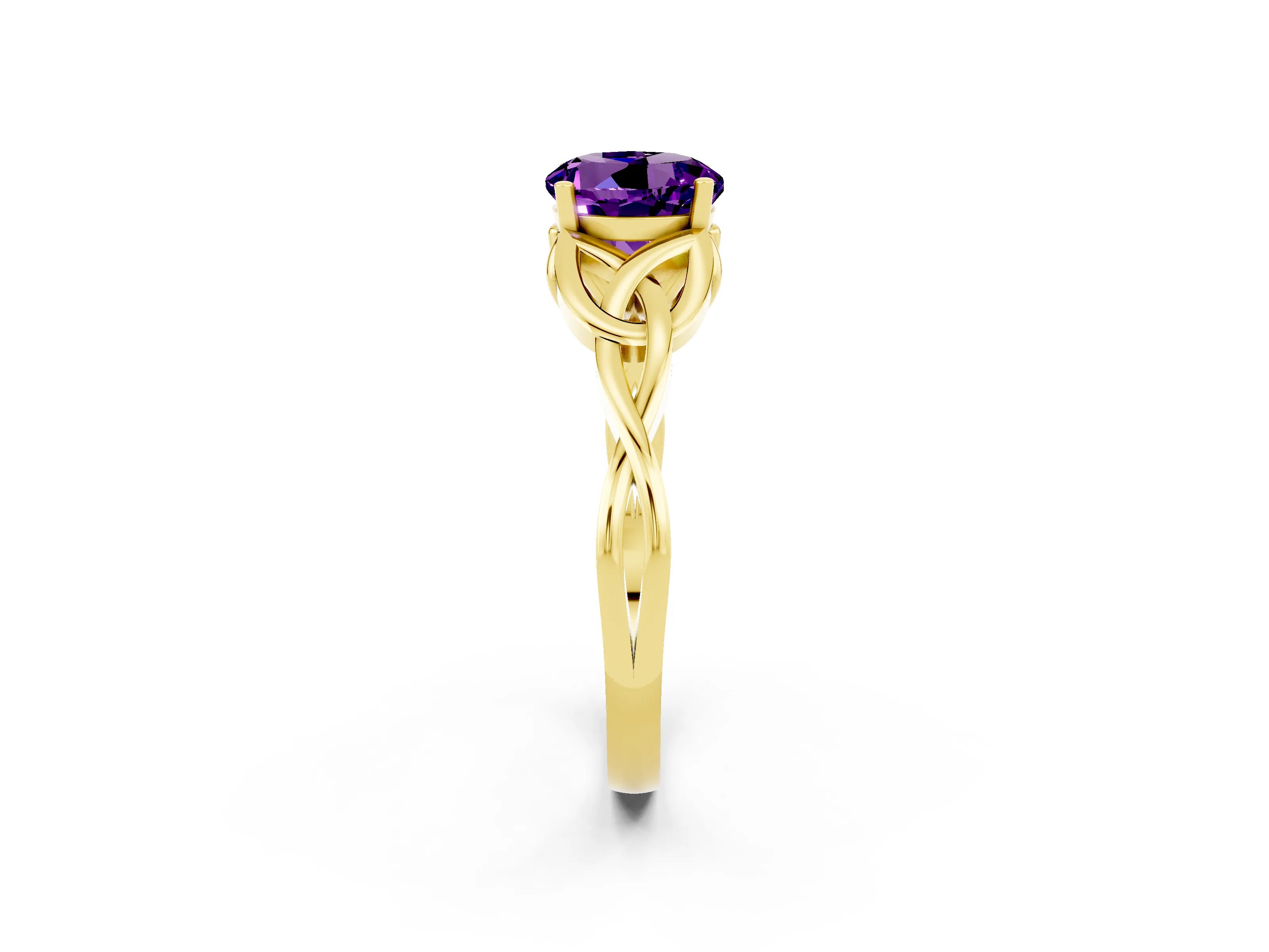 Yellow gold Round Cut Amethyst Solitaire Engagement Ring with Celtic Knot Band and Four-Prong Setting_2