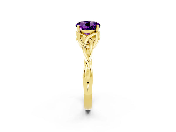 Yellow gold Round Cut Amethyst Solitaire Engagement Ring with Celtic Knot Band and Four-Prong Setting