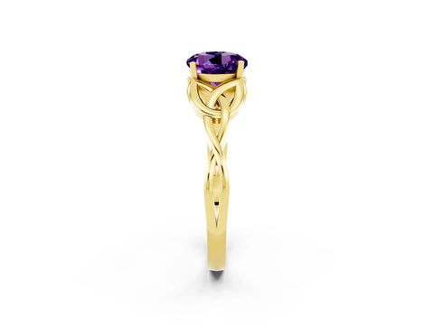 Yellow gold Round Cut Amethyst Solitaire Engagement Ring with Celtic Knot Band and Four-Prong Setting_2