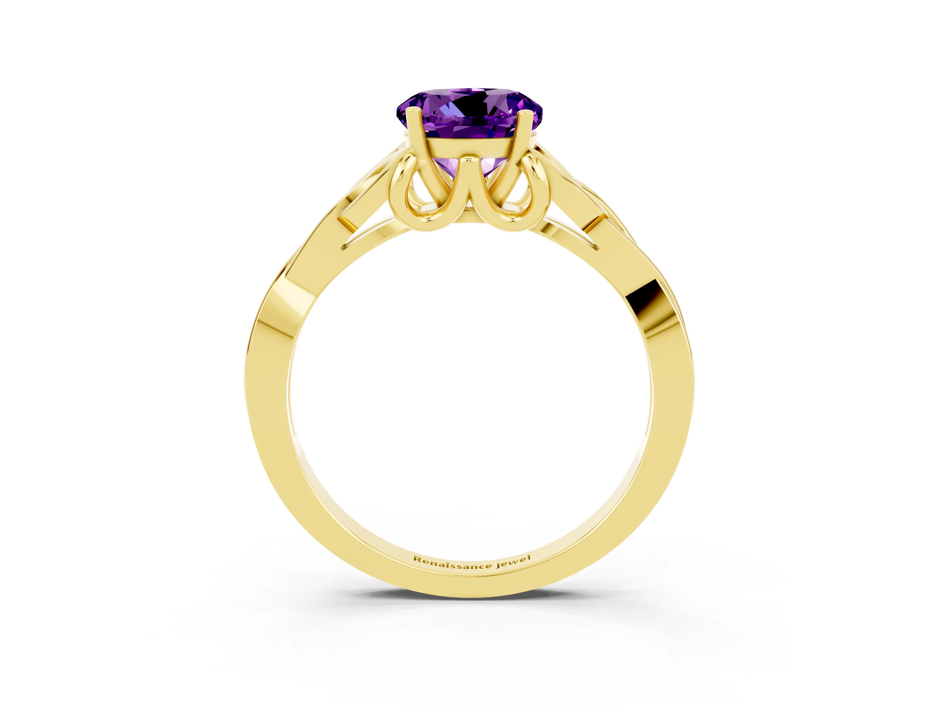 Yellow gold Round Cut Amethyst Solitaire Engagement Ring with Celtic Knot Band and Four-Prong Setting_3