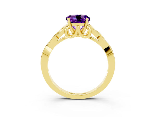 Yellow gold Round Cut Amethyst Solitaire Engagement Ring with Celtic Knot Band and Four-Prong Setting