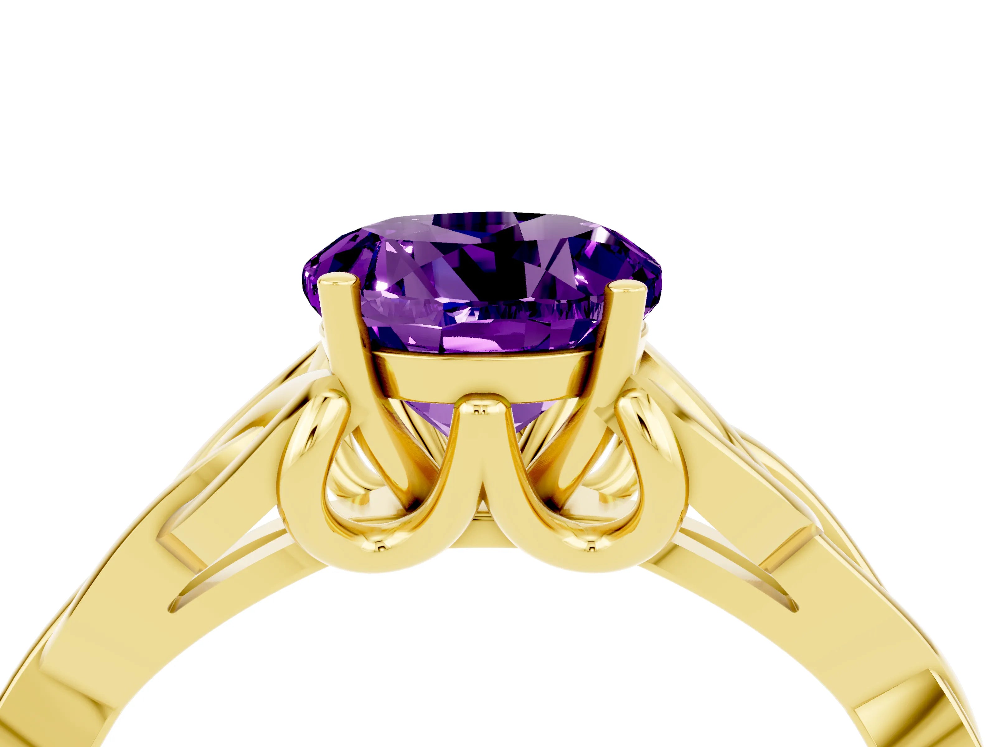 Yellow gold Round Cut Amethyst Solitaire Engagement Ring with Celtic Knot Band and Four-Prong Setting_4