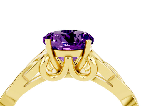 Yellow gold Round Cut Amethyst Solitaire Engagement Ring with Celtic Knot Band and Four-Prong Setting_4