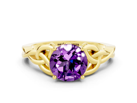 Yellow gold Round Cut Amethyst Solitaire Engagement Ring with Celtic Knot Band and Four-Prong Setting