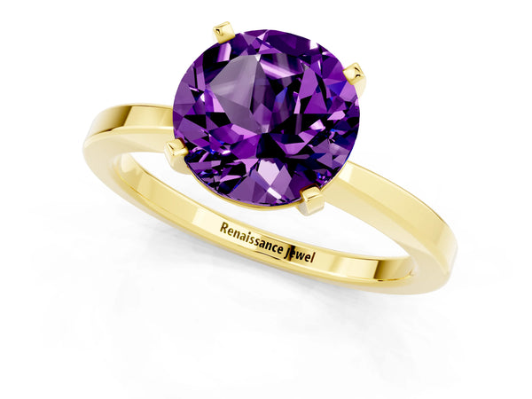 Yellow gold Round Cut Amethyst Solitaire Engagement Ring with Classic Band and Four-Prong Setting