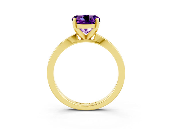 Yellow gold Round Cut Amethyst Solitaire Engagement Ring with Classic Band and Four-Prong Setting