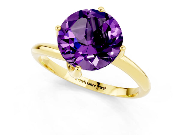 Yellow gold Round Cut Amethyst Solitaire Engagement Ring with Four-Prong Setting and Classic Band