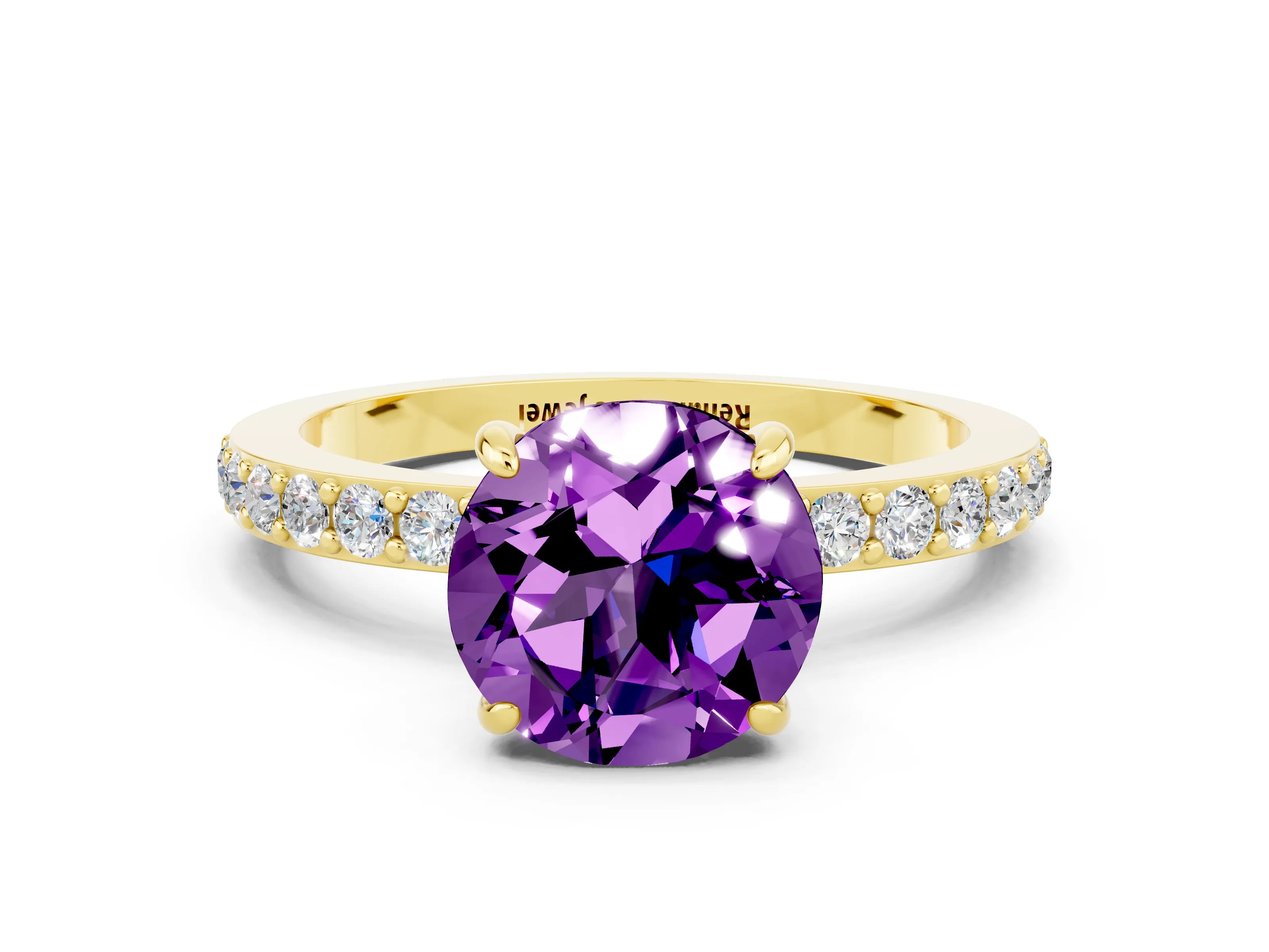 Yellow gold Round Cut Amethyst Solitaire Engagement Ring with Pavé Band and Four-Prong Setting