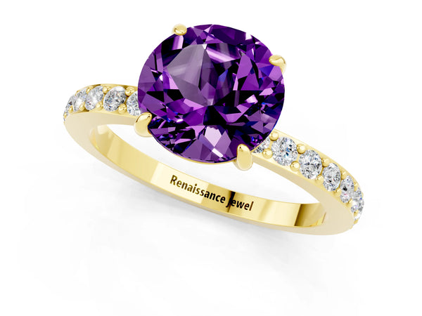 Yellow gold Round Cut Amethyst Solitaire Engagement Ring with Pavé Band and Four-Prong Setting