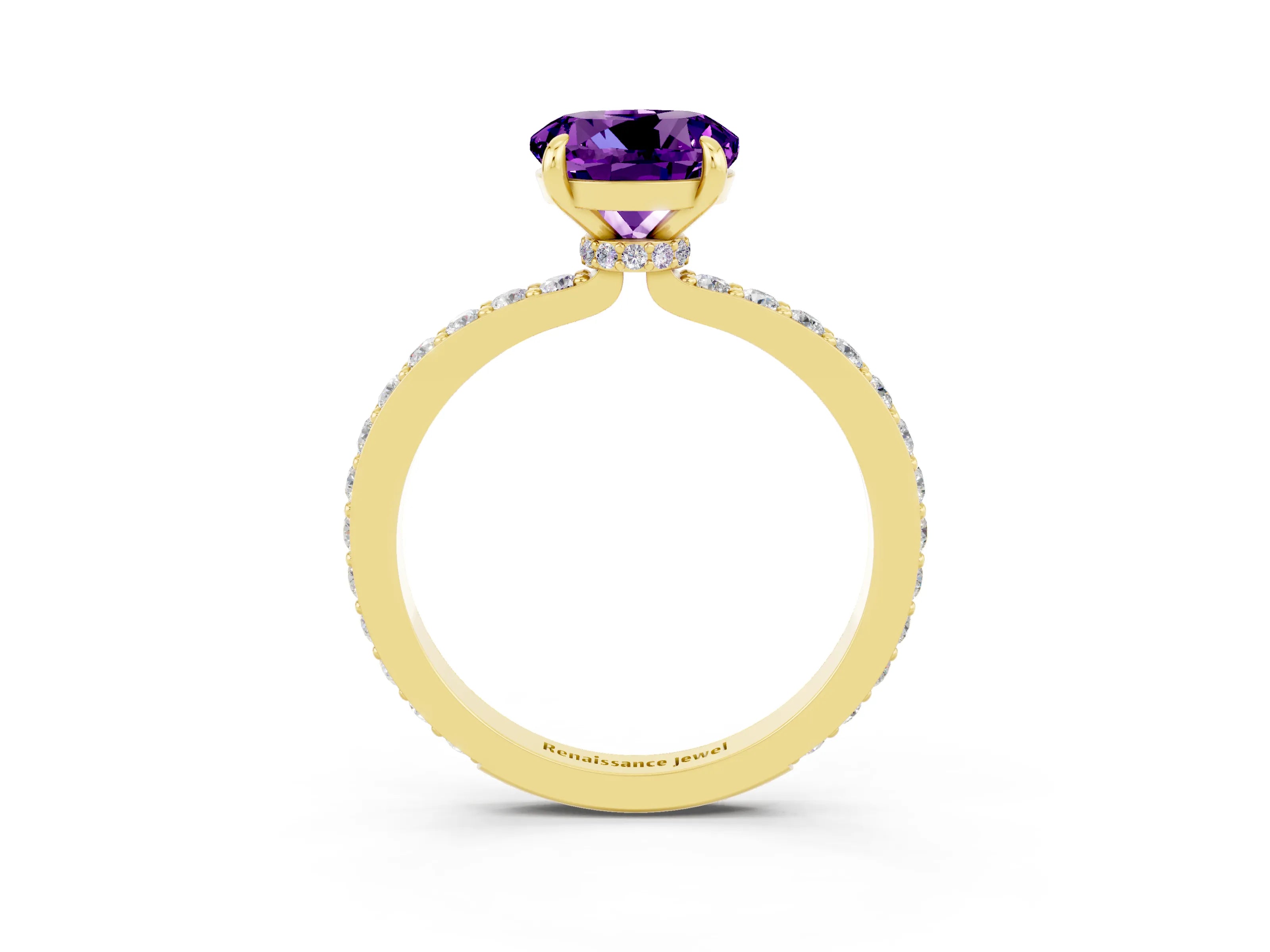 Yellow gold Round Cut Amethyst Solitaire Engagement Ring with Pavé Band and Four-Prong Setting_3