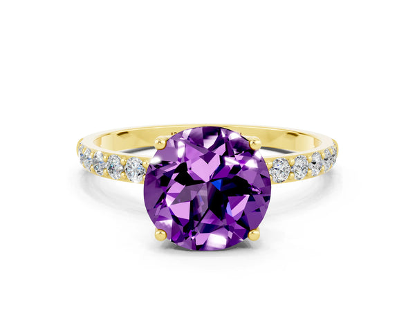 Yellow gold Round Cut Amethyst Solitaire Engagement Ring with Round  Pavé Band and Prong Setting