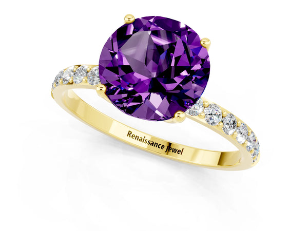 Yellow gold Round Cut Amethyst Solitaire Engagement Ring with Round  Pavé Band and Prong Setting