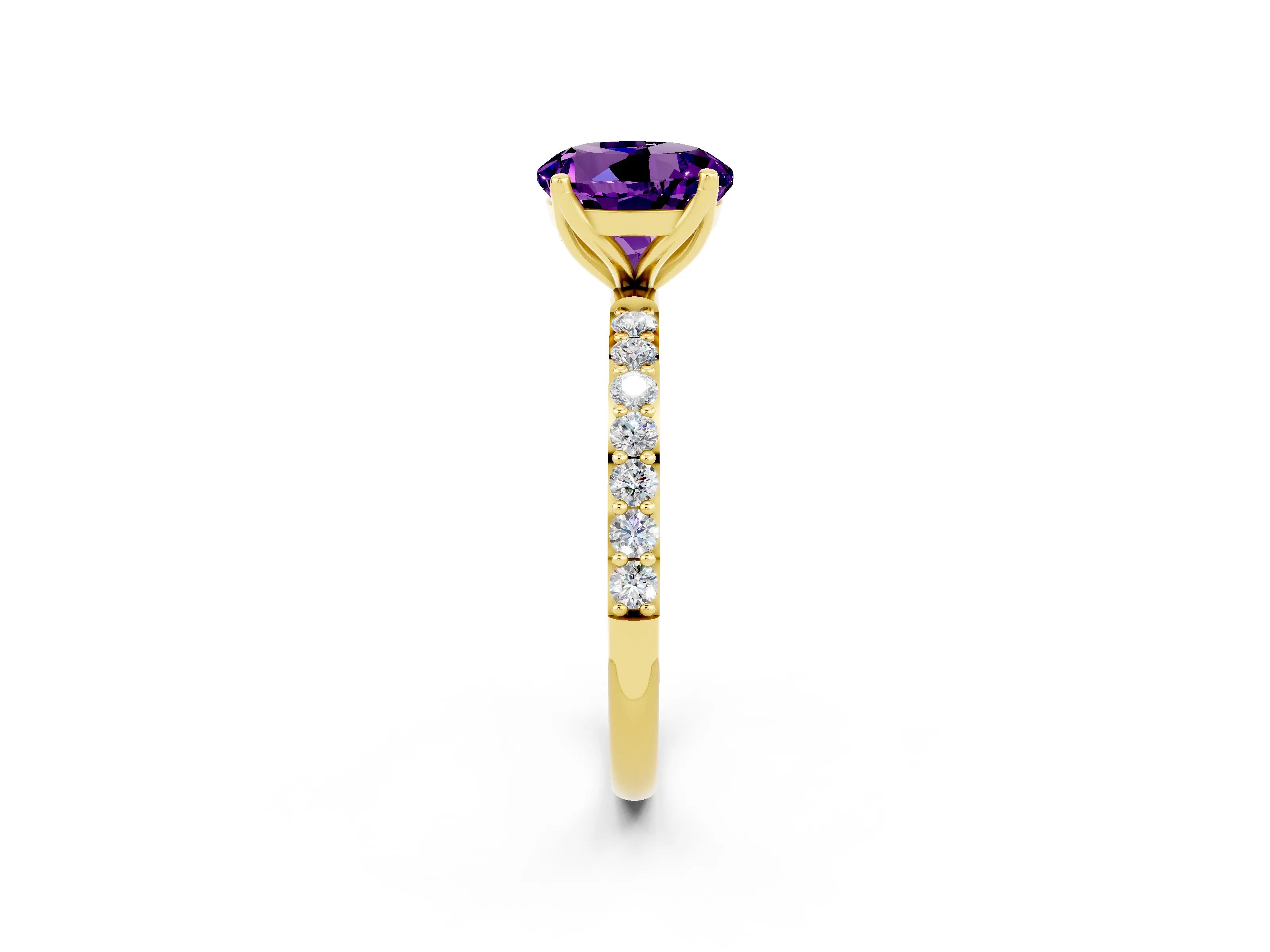 Yellow gold Round Cut Amethyst Solitaire Engagement Ring with Pavé Band and Prong Setting_2