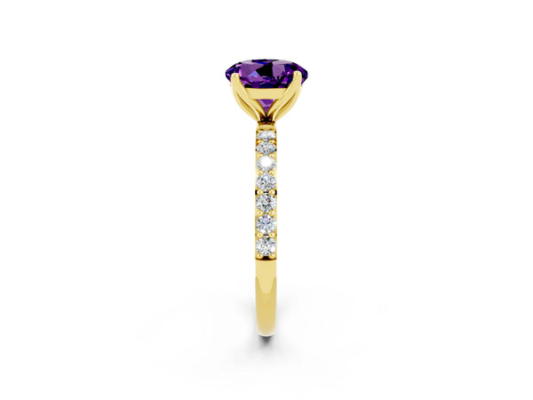 Yellow gold Round Cut Amethyst Solitaire Engagement Ring with Round  Pavé Band and Prong Setting