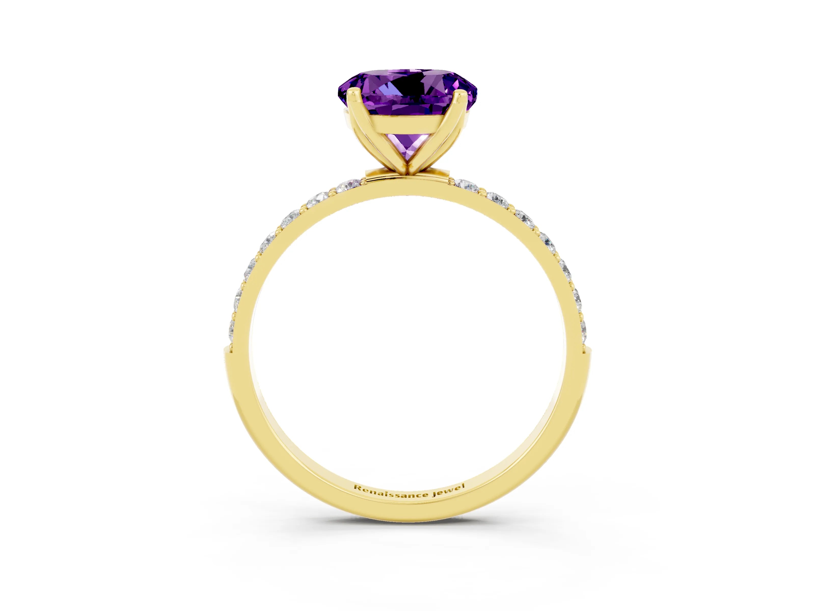 Yellow gold Round Cut Amethyst Solitaire Engagement Ring with Pavé Band and Prong Setting_3