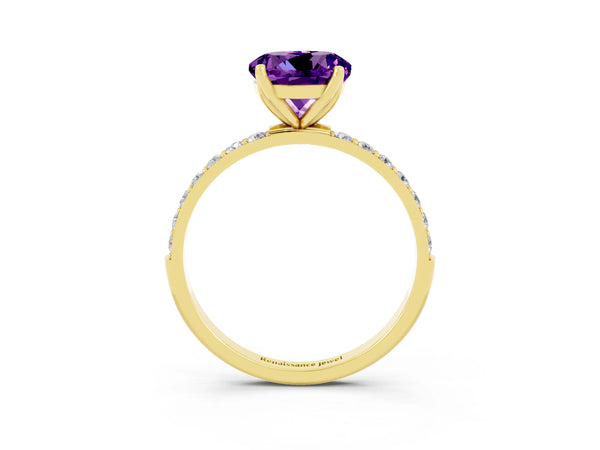 Yellow gold Round Cut Amethyst Solitaire Engagement Ring with Round  Pavé Band and Prong Setting