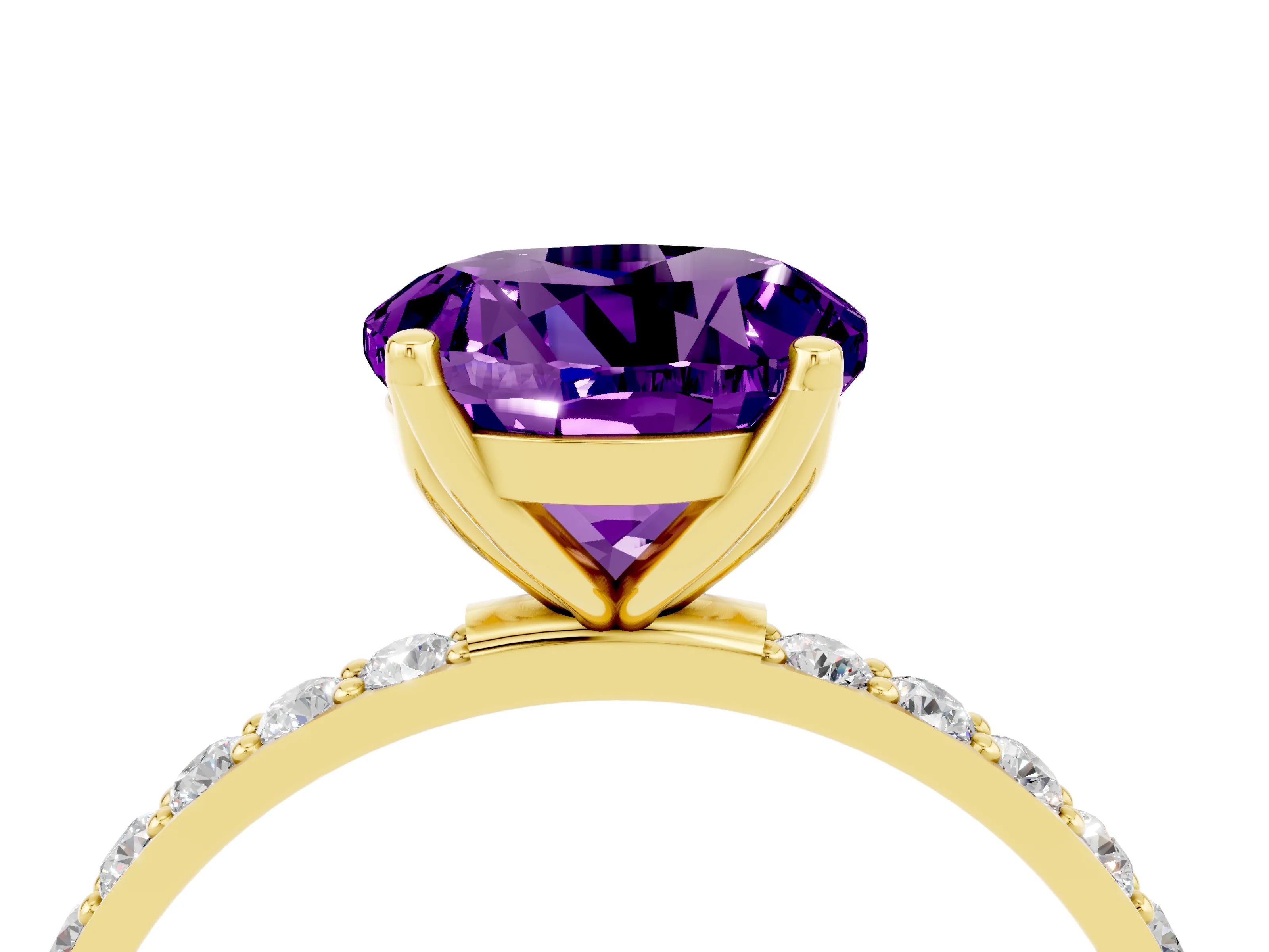 Yellow gold Round Cut Amethyst Solitaire Engagement Ring with Pavé Band and Prong Setting_4