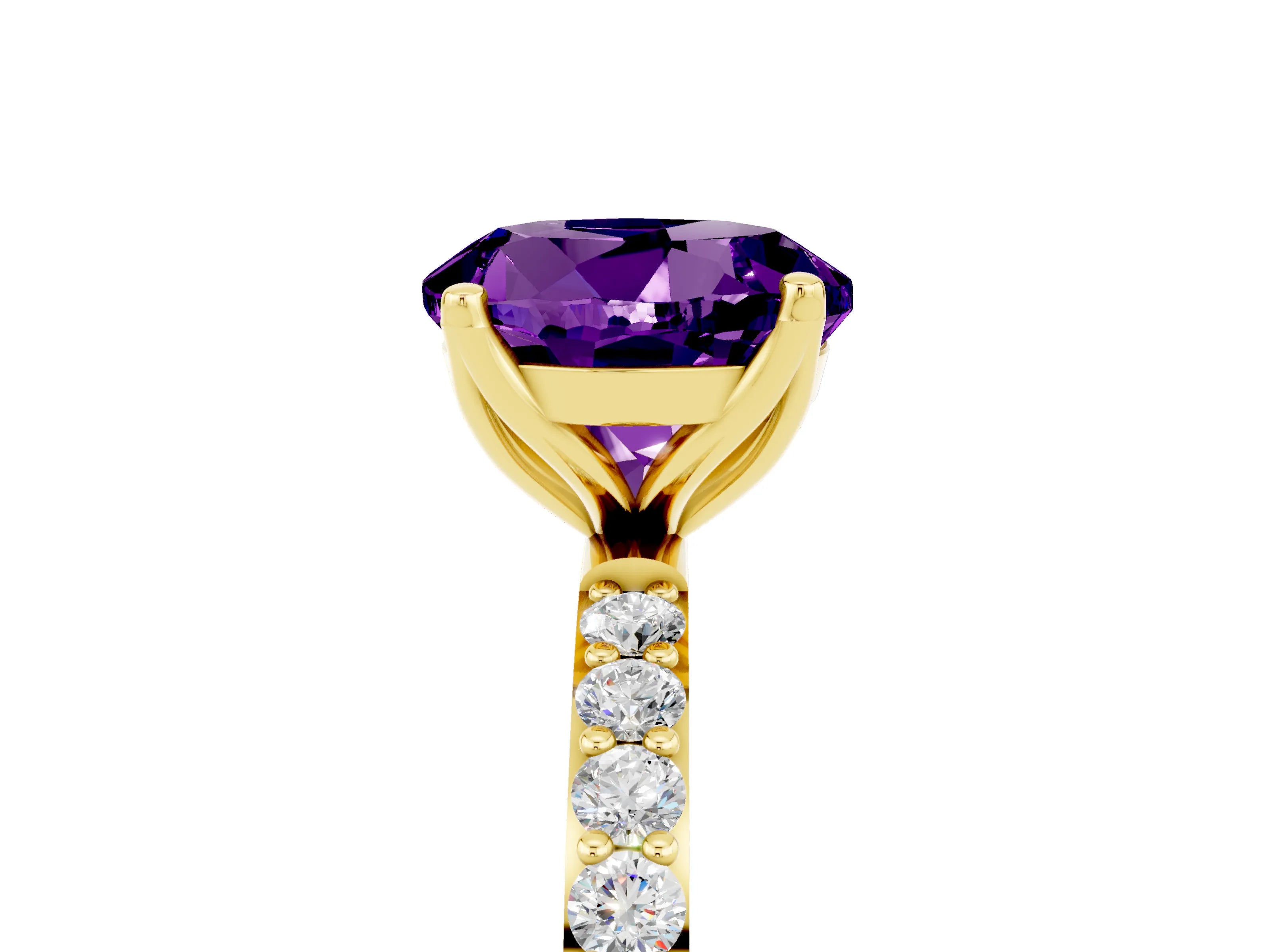 Yellow gold Round Cut Amethyst Solitaire Engagement Ring with Pavé Band and Prong Setting_5