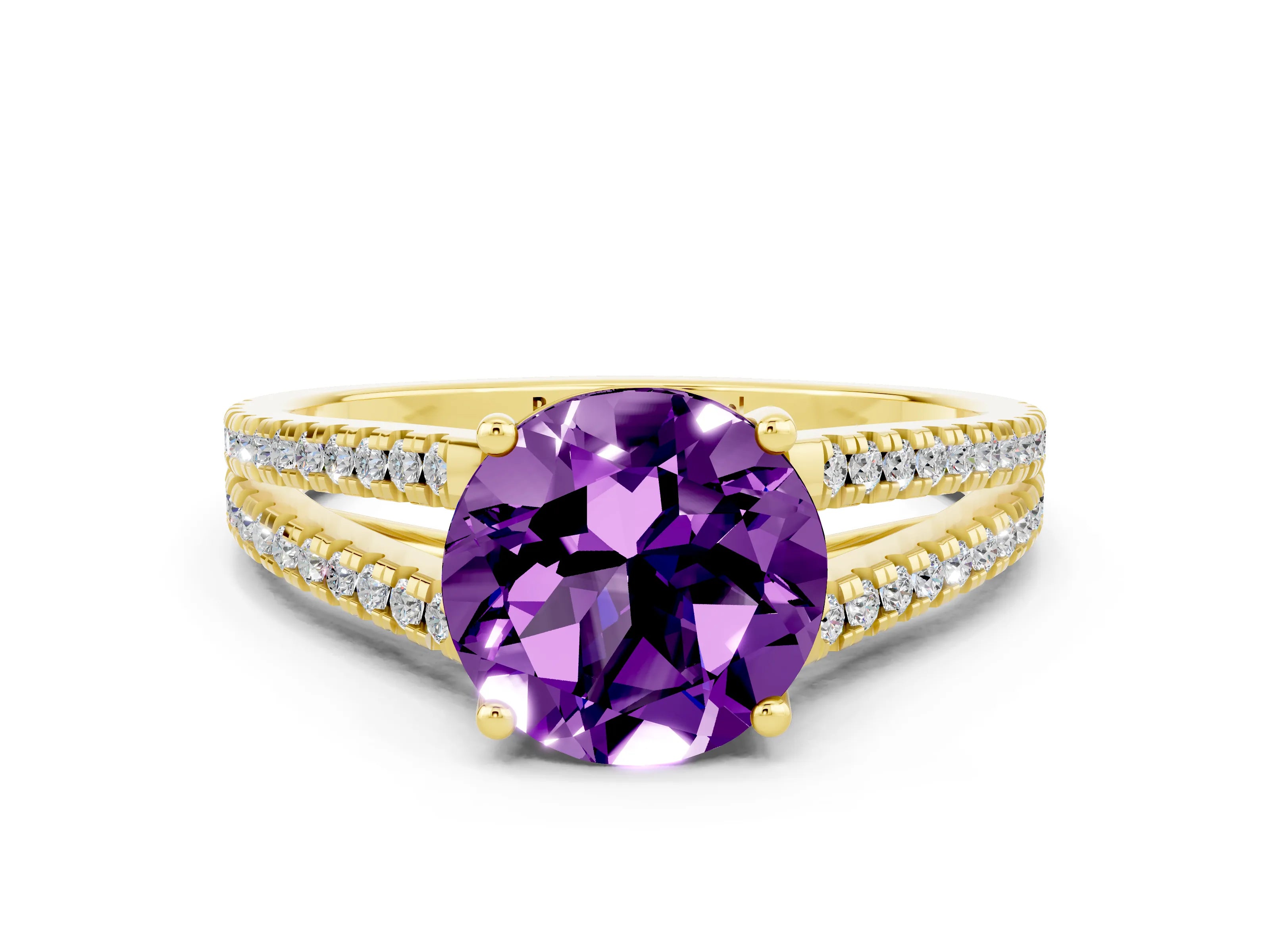 Yellow gold Round Cut Amethyst Solitaire Engagement Ring with Split Shank Pavé Band