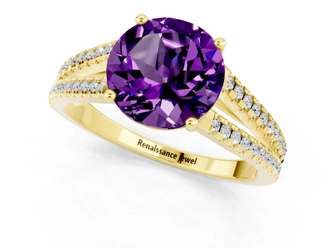 Yellow gold Round Cut Amethyst Solitaire Engagement Ring with Split Shank Pavé Band_1