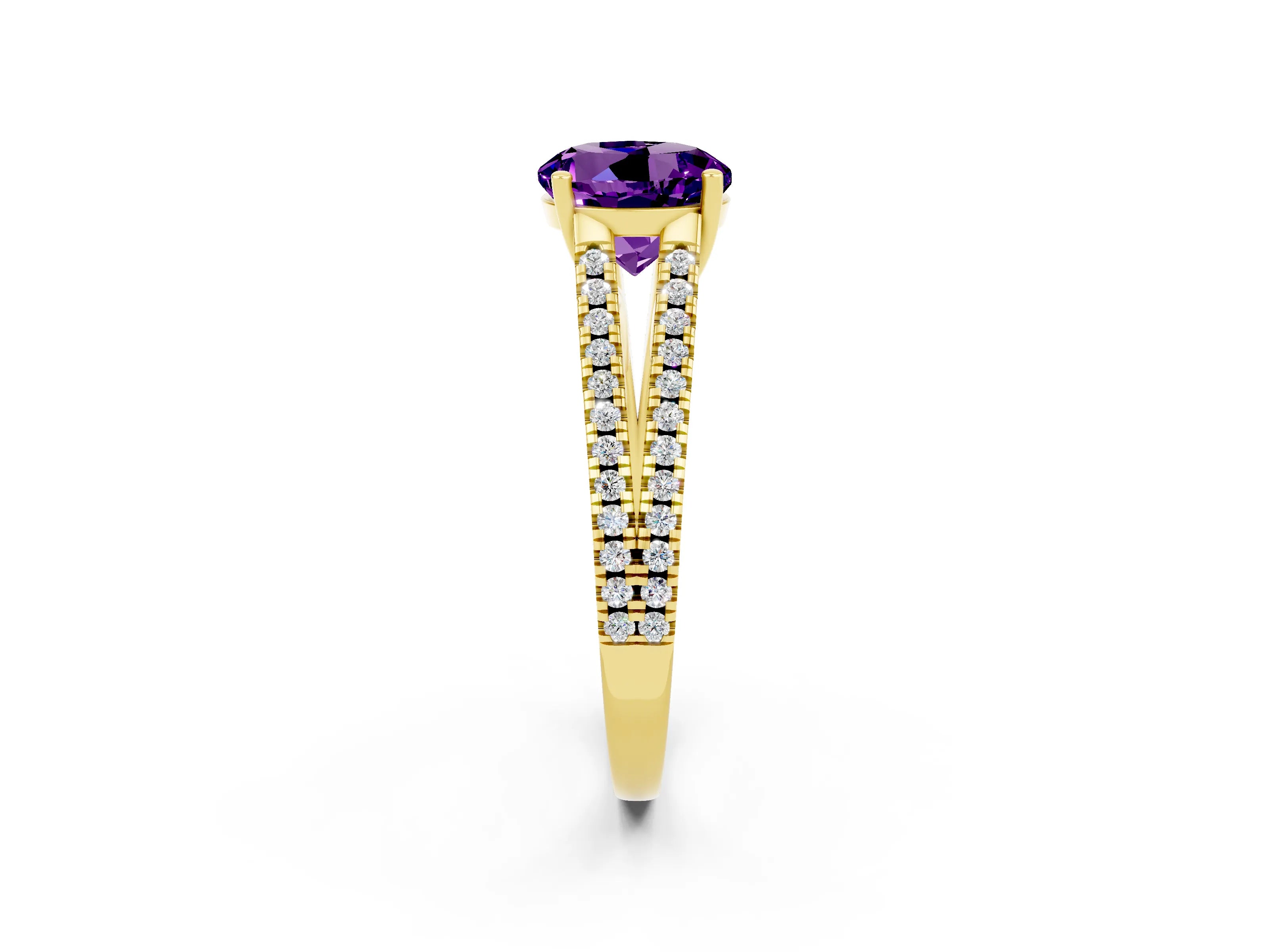 Yellow gold Round Cut Amethyst Solitaire Engagement Ring with Split Shank Pavé Band_2