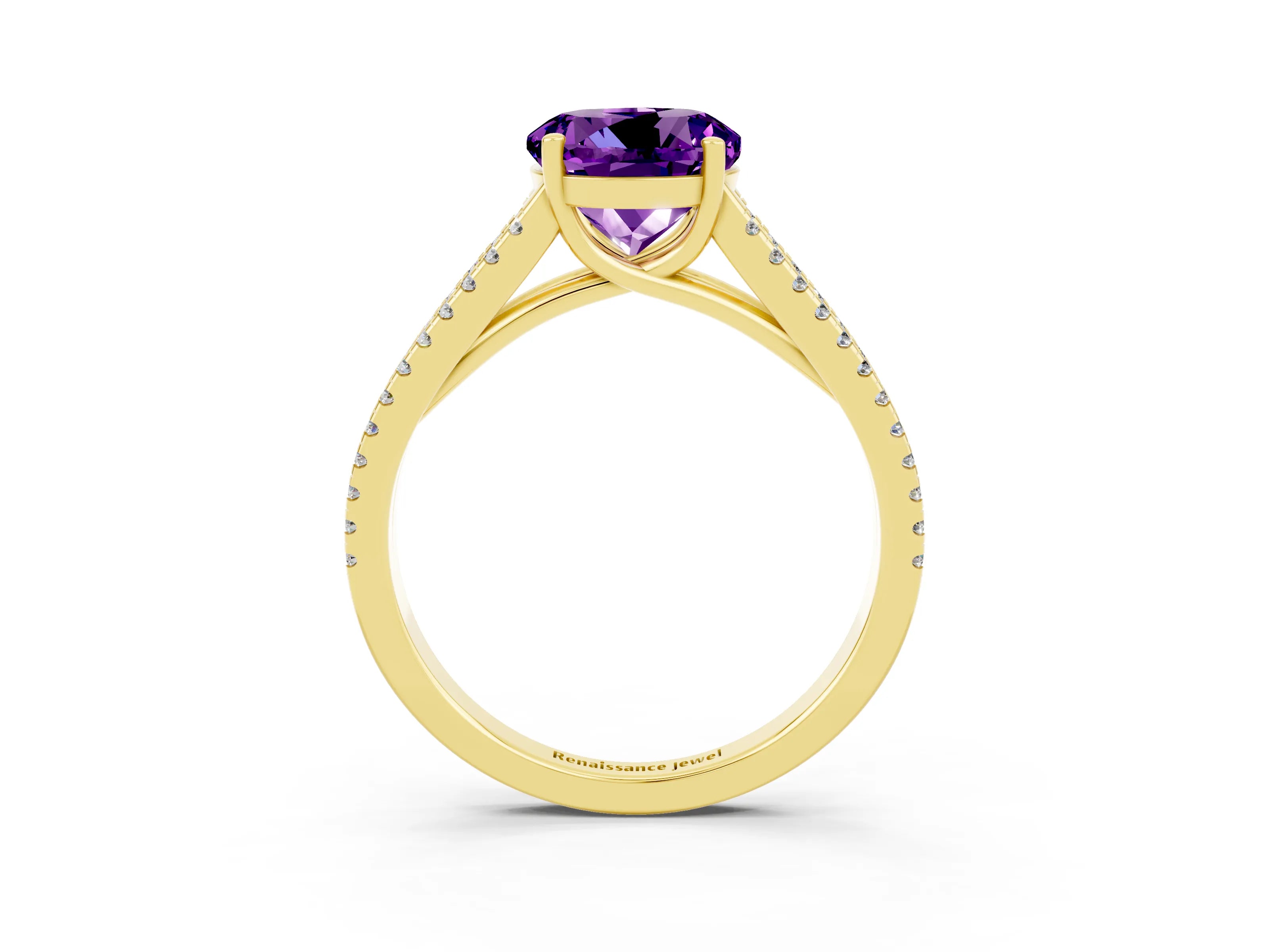 Yellow gold Round Cut Amethyst Solitaire Engagement Ring with Split Shank Pavé Band_3