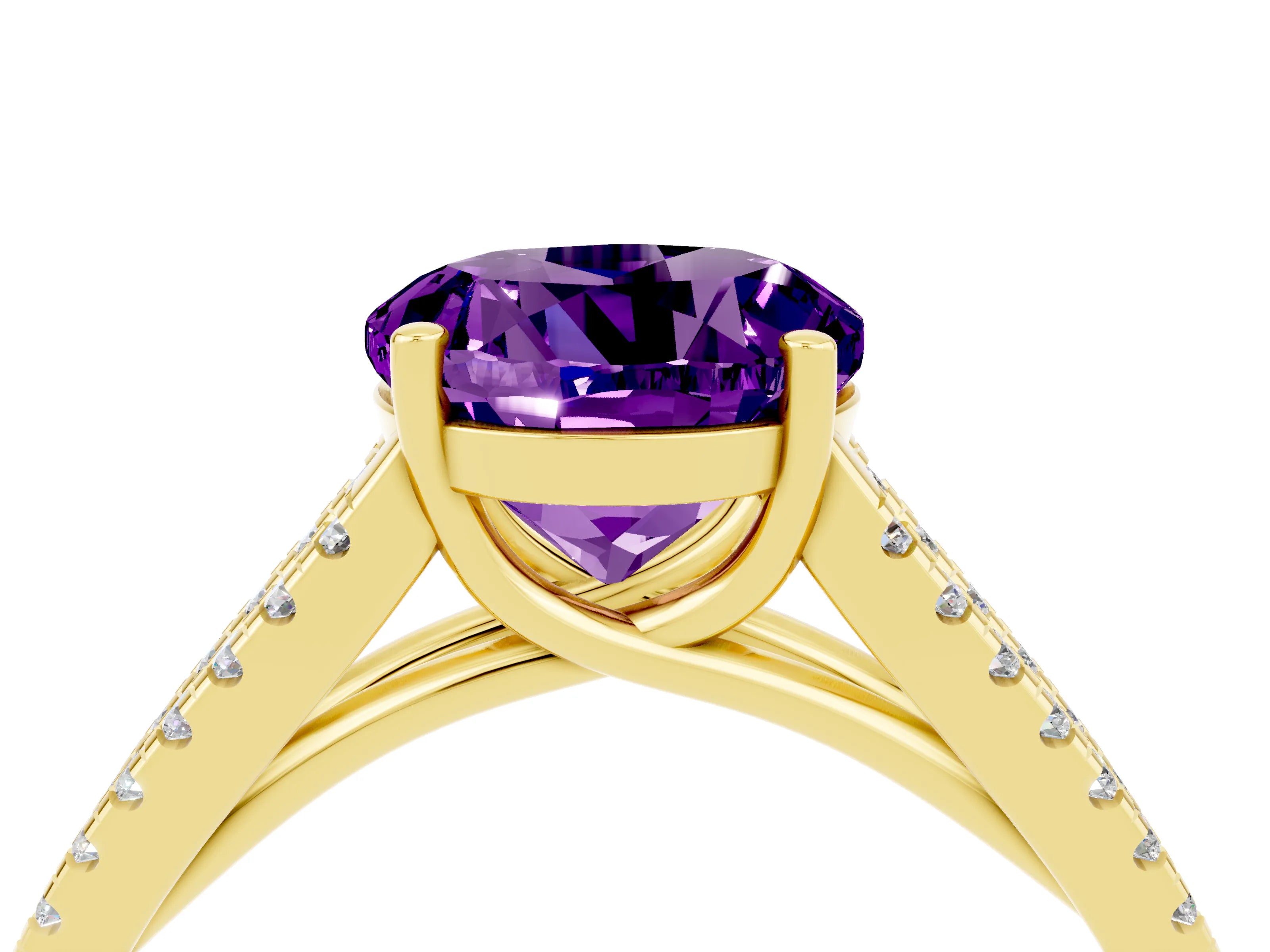 Yellow gold Round Cut Amethyst Solitaire Engagement Ring with Split Shank Pavé Band_4
