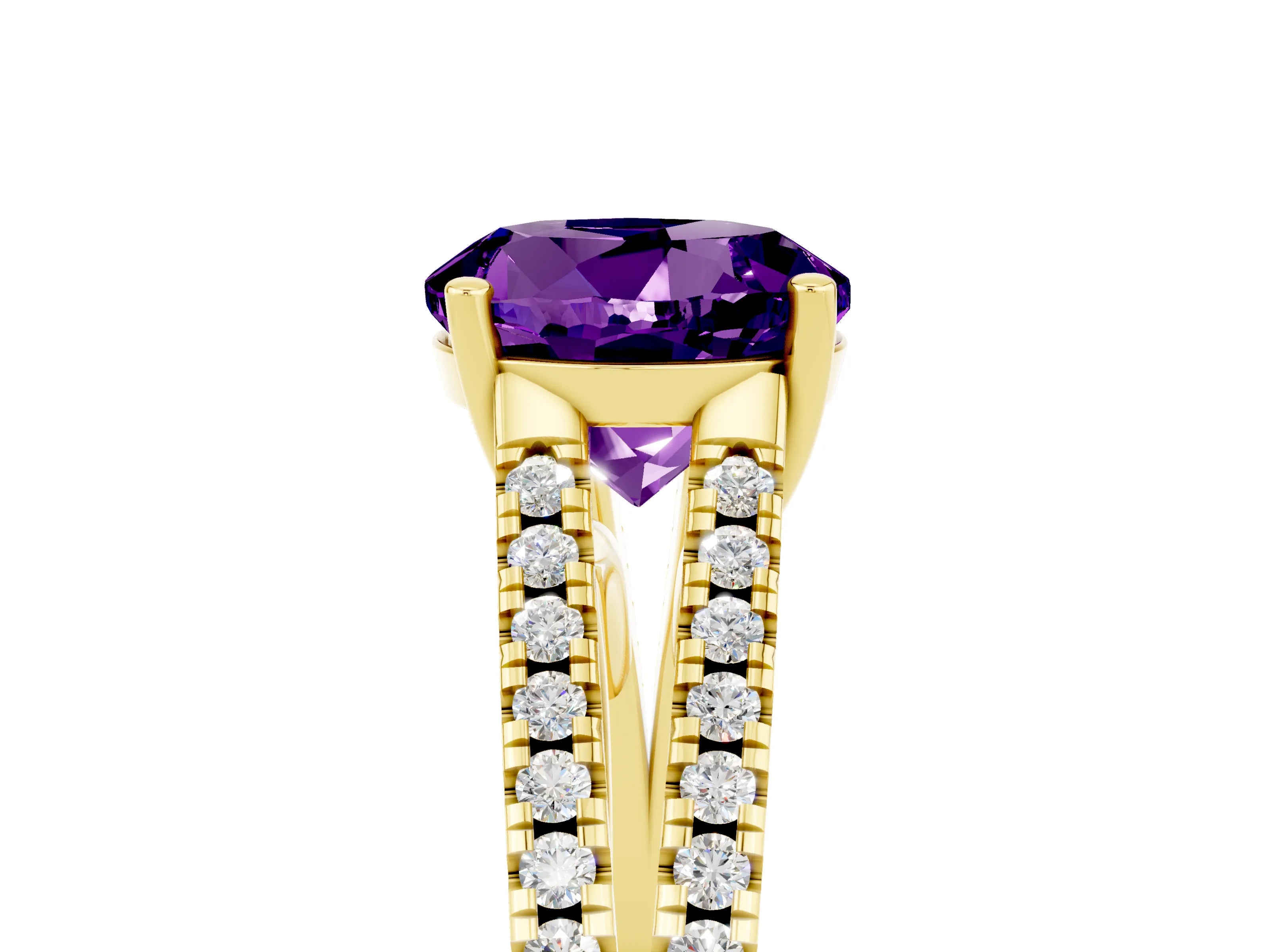 Yellow gold Round Cut Amethyst Solitaire Engagement Ring with Split Shank Pavé Band_5