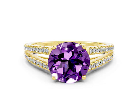 Yellow gold Round Cut Amethyst Solitaire Engagement Ring with Split Shank Pavé Band
