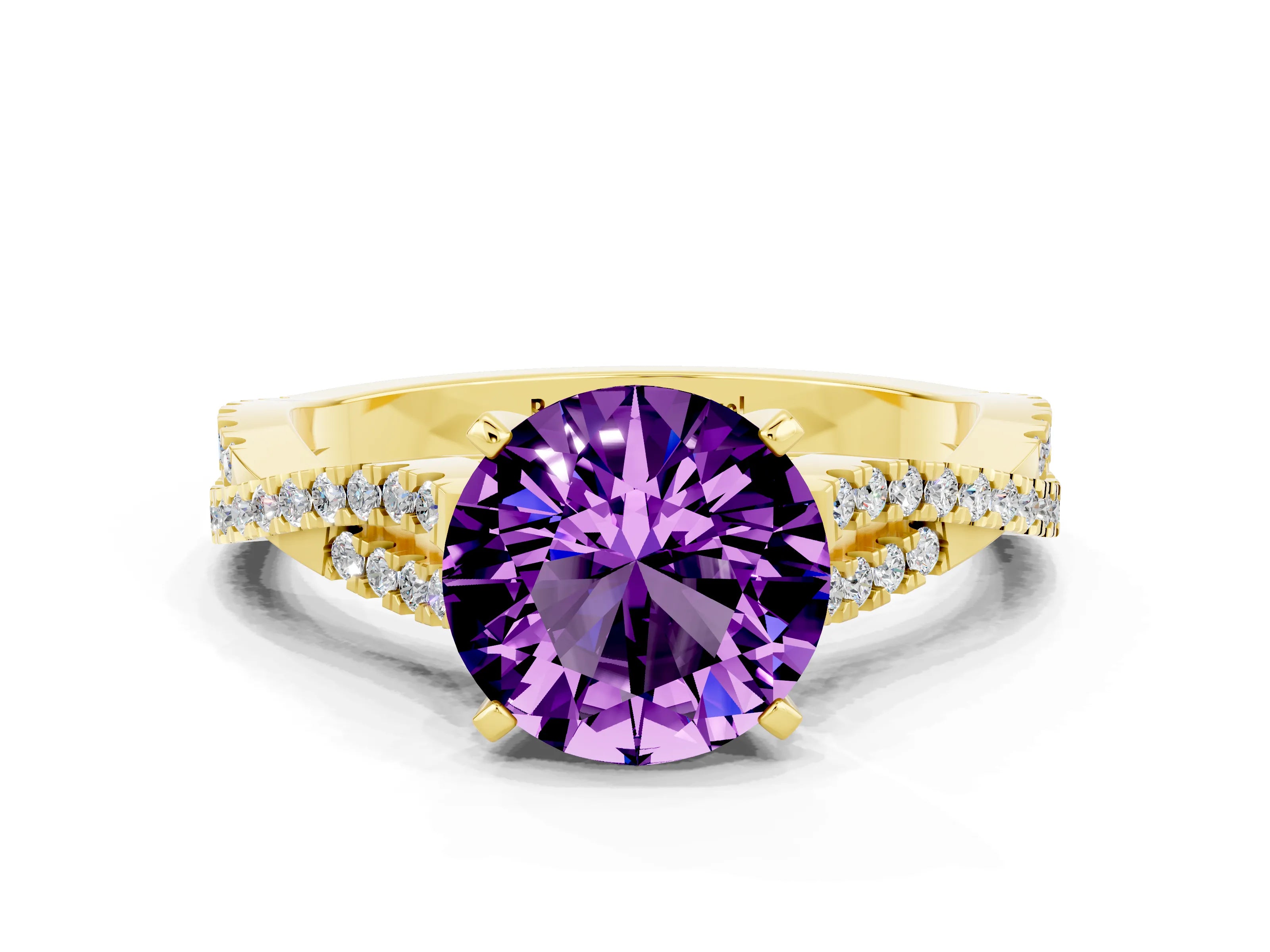 Yellow gold Round Cut Amethyst Solitaire Engagement Ring with Twisted Pavé Band and Four-Prong Setting_12