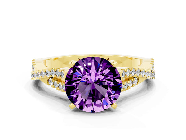Yellow gold Round Cut Amethyst Solitaire Engagement Ring with Twisted Pavé Band and Four-Prong Setting