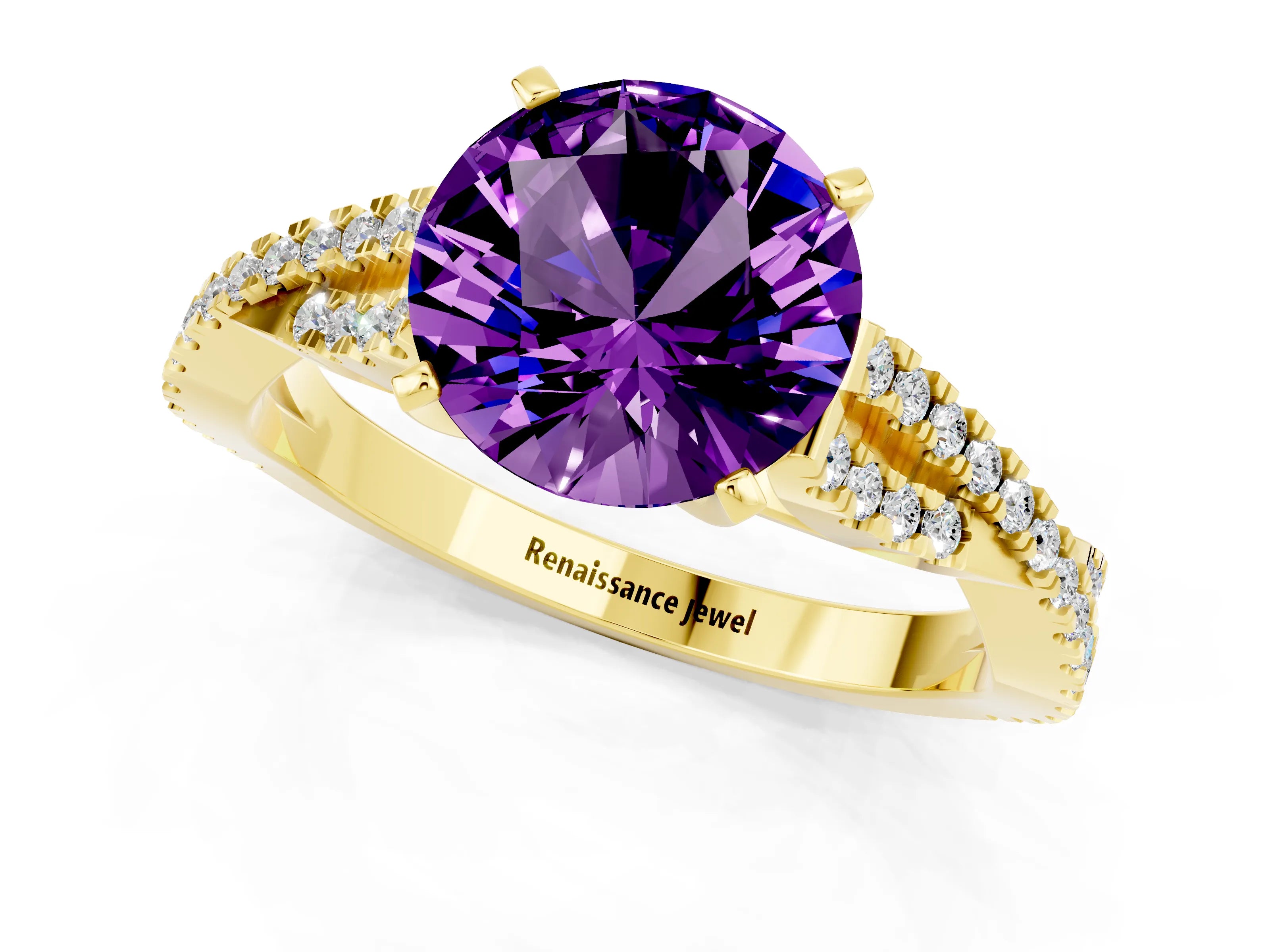 Yellow gold Round Cut Amethyst Solitaire Engagement Ring with Twisted Pavé Band and Four-Prong Setting_13