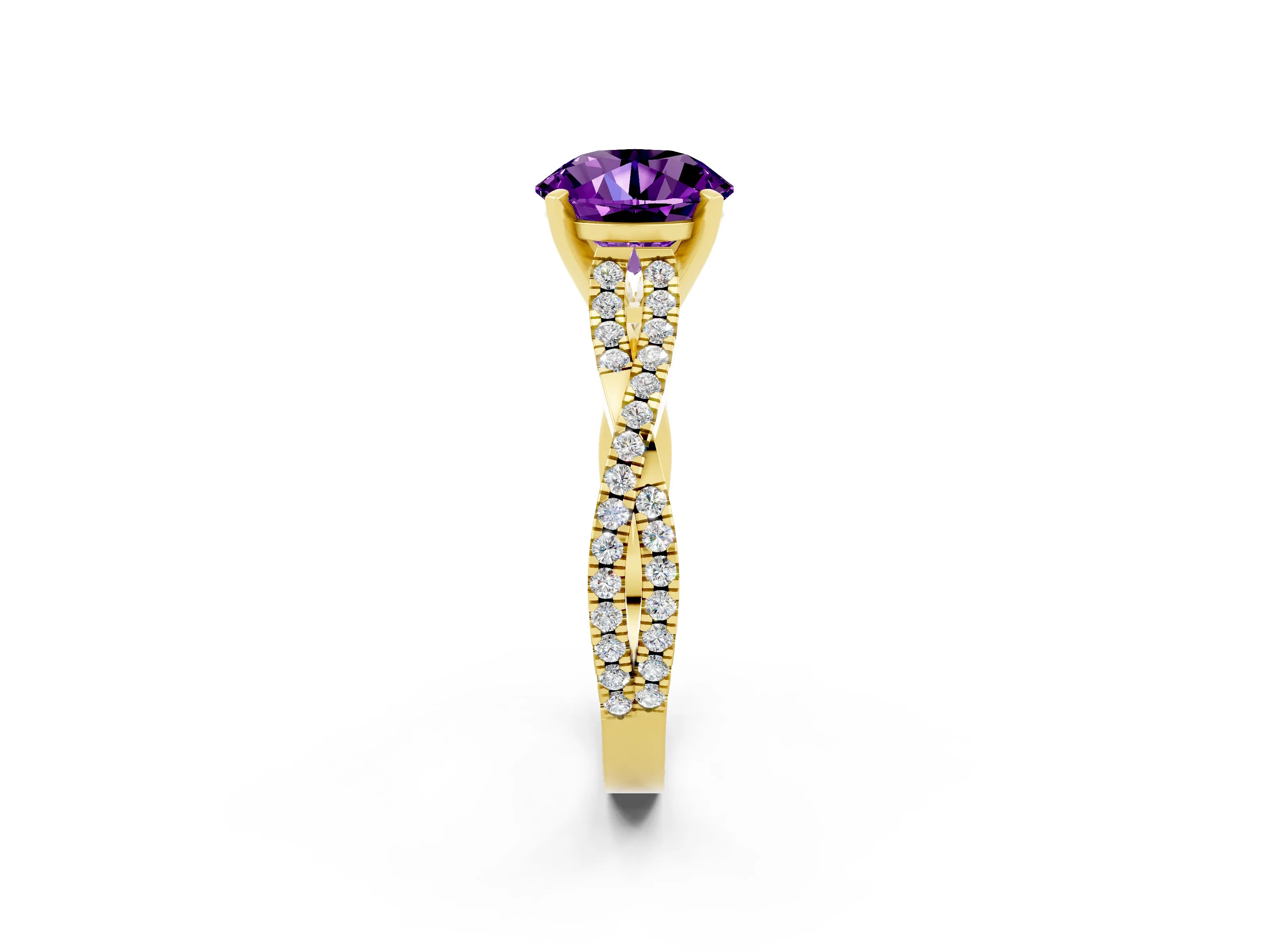 Yellow gold Round Cut Amethyst Solitaire Engagement Ring with Twisted Pavé Band and Four-Prong Setting_14