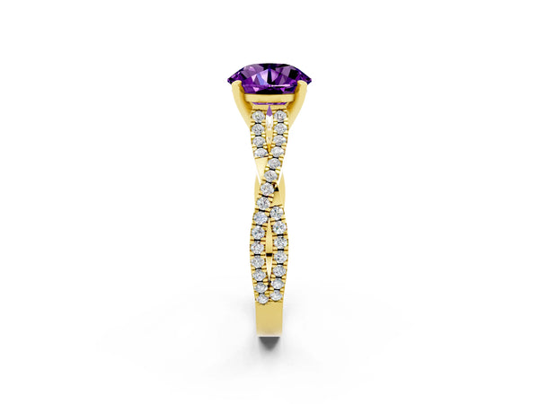 Yellow gold Round Cut Amethyst Solitaire Engagement Ring with Twisted Pavé Band and Four-Prong Setting