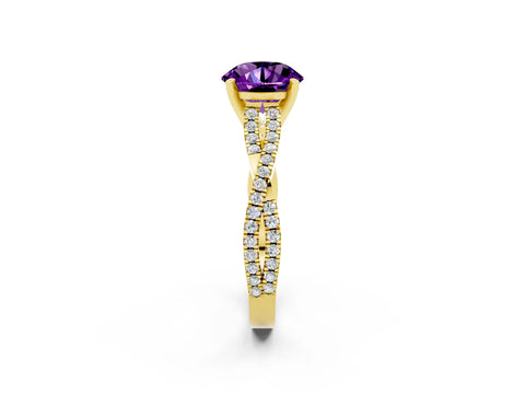 Yellow gold Round Cut Amethyst Solitaire Engagement Ring with Twisted Pavé Band and Four-Prong Setting_14