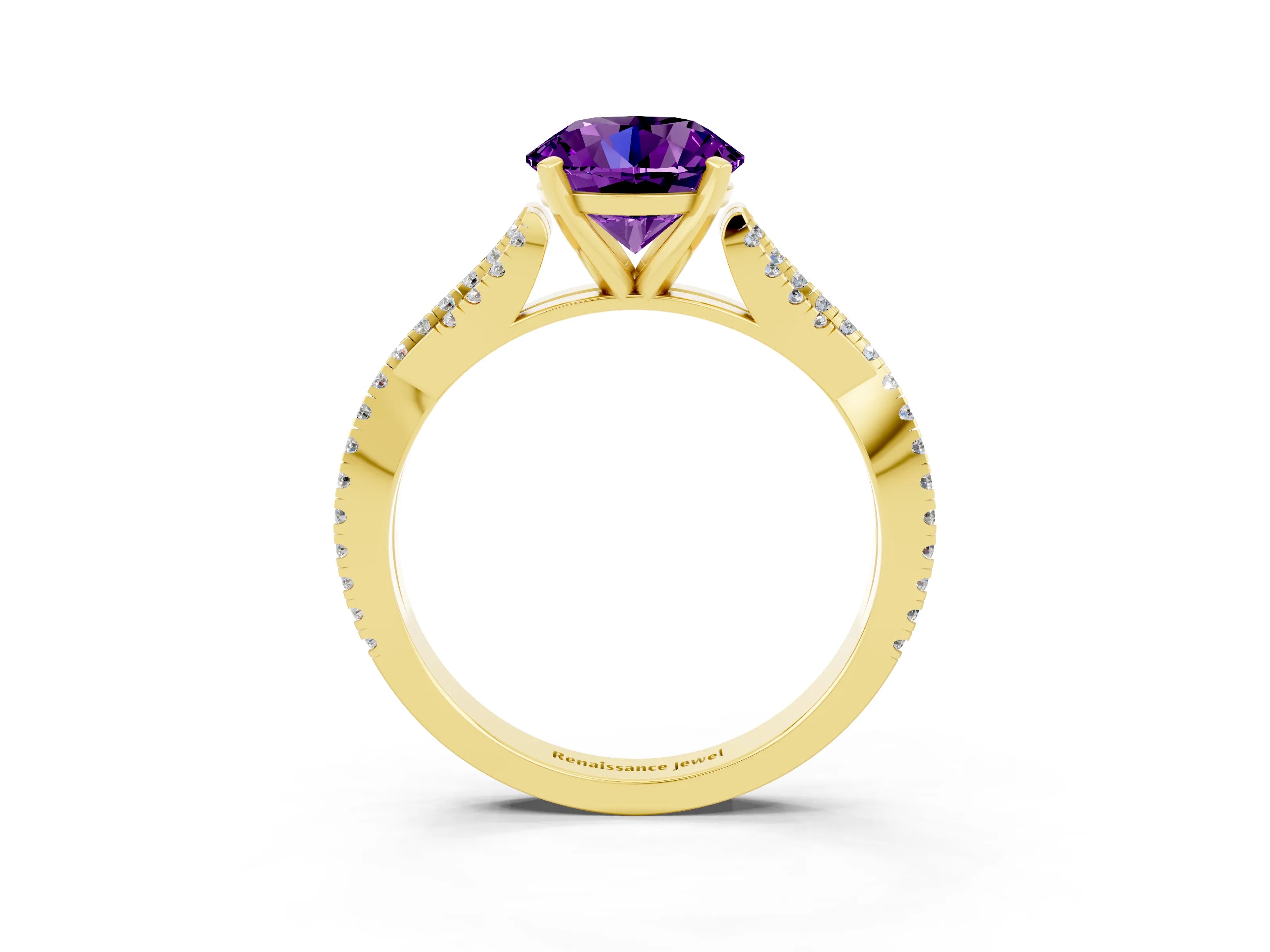 Yellow gold Round Cut Amethyst Solitaire Engagement Ring with Twisted Pavé Band and Four-Prong Setting_15